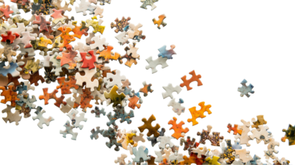 Multiple puzzle pieces floating on mismatched datasets, on a transparent backgrounds