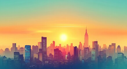 A vibrant New York City skyline at sunrise.