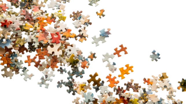 Multiple puzzle pieces floating on mismatched datasets, on a transparent backgrounds