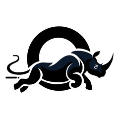 Black Rhino Running Through Circle - Modern Logo