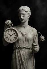 Limestone Statue Holding a Clock and Withered Flower Depicting the Passage of Time and beauty through Elegance and Decay