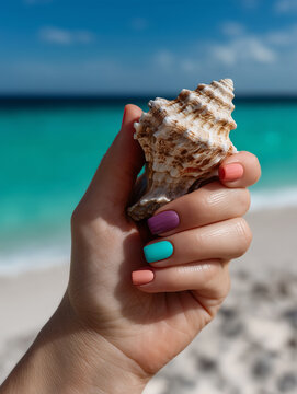 Colorful nails highlight a seashell against the stunning turquoise waters of a tropical beach