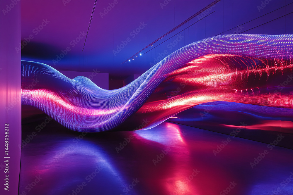 Poster abstract installation art showcasing a flowing, textured form illuminated in vibrant purple and red 