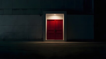 Mysterious Red Door Illuminated at Night – Urban Minimalist Architecture