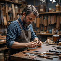 man working in a leather workshop with a leather craft bag and tools