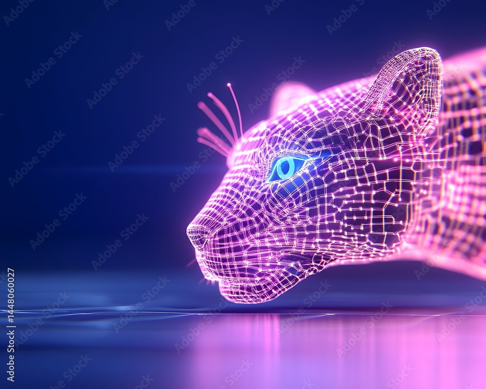 Poster a digital rendering of a feline's head, constructed from interconnected glowing lines, set against a