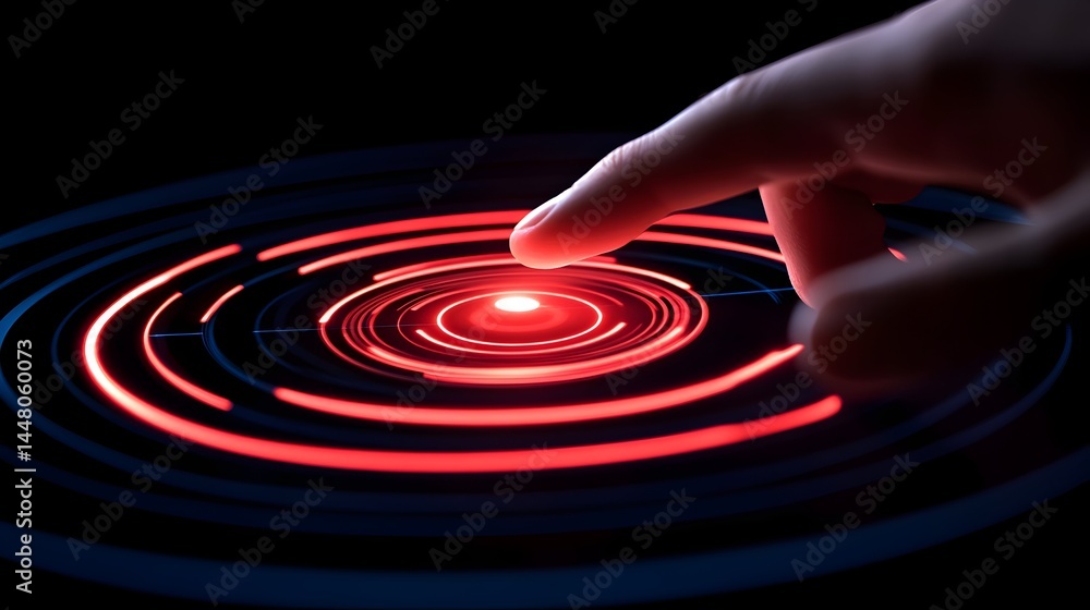 Aufkleber a fingertip interacts with a glowing, concentric circular interface red light pulses from the centra