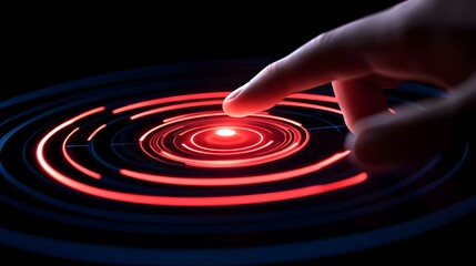 Obraz premium A fingertip interacts with a glowing, concentric circular interface Red light pulses from the central point of contact