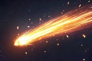 A fiery meteor streaks across a dark, star-dusted sky, leaving a glowing trail of incandescent particles