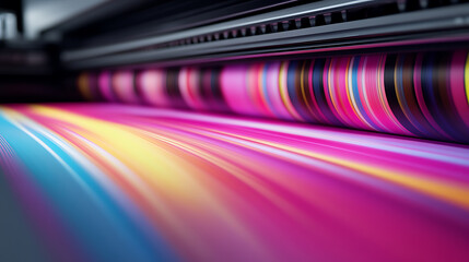 Printing vivid colors. Dynamic, abstract close-up of a digital printing press, showcasing vibrant pink, yellow, and blue hues in motion.