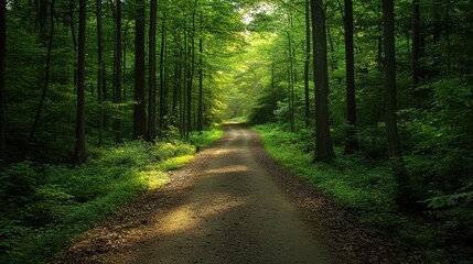 Forest path illuminated by sunlight, inviting exploration ahead