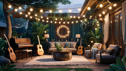 Fototapeta premium Cozy outdoor patio space with string lights and musical instruments at twilight