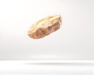 A pale orange, irregularly shaped rock floats against a stark white background, casting a subtle shadow below