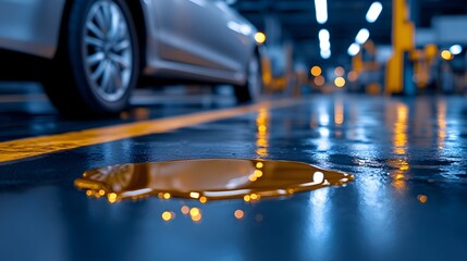 A puddle of oil on a wet parking garage floor near a car