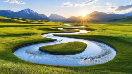 Serene river meanders through a vibrant valley at sunset, nestled amidst majestic mountains