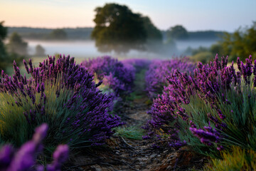 Lavender fields awaken in the early morning mist with vibrant hues under soft sunlight