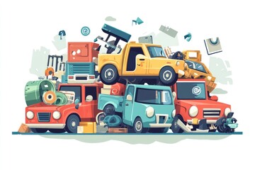 Naklejka premium Pile of junk and cluttered vehicles.