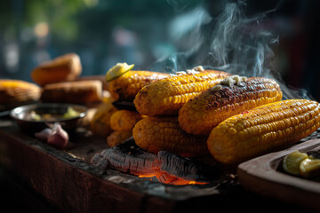 Grilled corn sits on an open flame while smoky aromas fill the air at a vibrant outdoor market in the golden hour