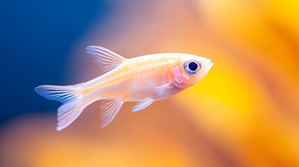 A translucent, pale orange fish with delicate fins swims against a blurred, warm-toned background