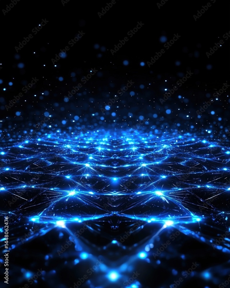 Poster dark background enhanced with glowing blue lights creating a mysterious and enigmatic atmosphere