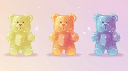 Three gummy bear candies in yellow, orange, and blue.