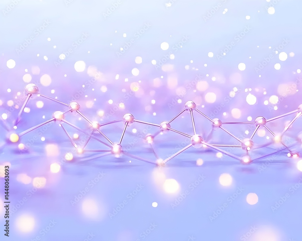 Poster abstract pastel network of interconnected spheres and lines, bokeh background