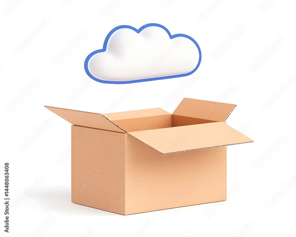 Poster an open cardboard box with a cloud icon floating above it, suggesting cloud storage or digital deliv