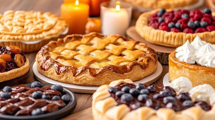 An array of delicious pies and tarts, featuring various fruit fillings and creamy toppings, illuminated by candlelight