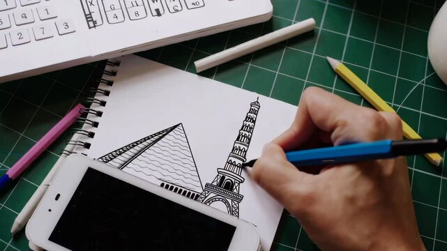 Illustrator drawing famous monuments around the world