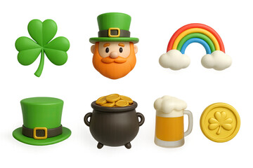 St. patrick's day 3d icons set – festive holiday, irish symbols, and celebration elements: shamrock, leprechaun, rainbow, hat, pot of gold, beer, coin