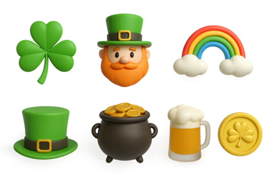 St. patrick's day 3d icons set – festive holiday, irish symbols, and celebration elements: shamrock, leprechaun, rainbow, hat, pot of gold, beer, coin