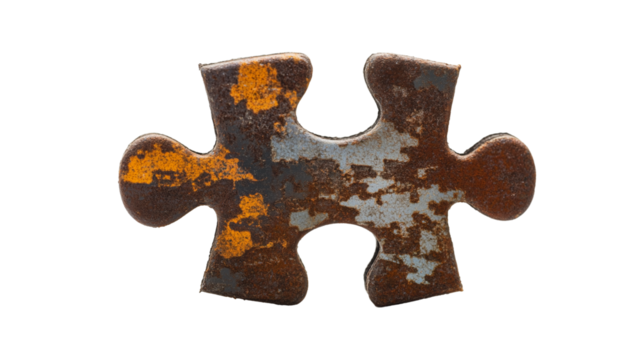 Misaligned puzzle pieces floating within conflicting data visuals, on a transparent backgrounds