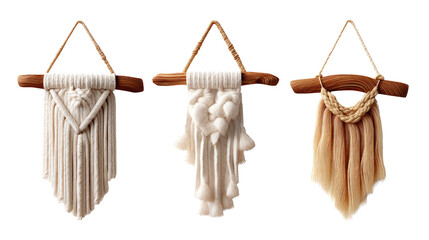 Macrame Artistry: A trio of handcrafted macrame wall hangings, showcasing unique textures and designs, suspended from natural wooden elements.
