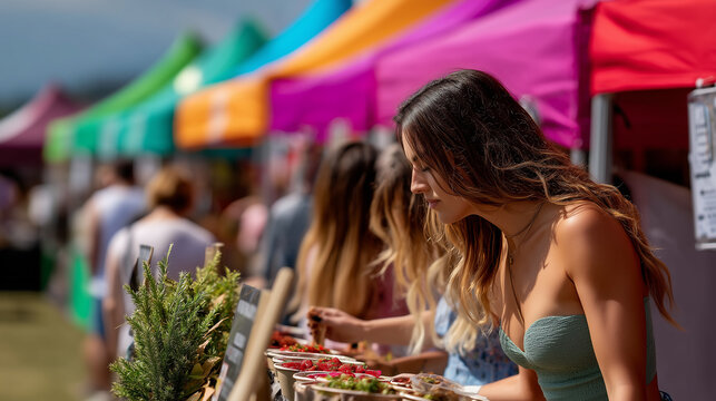 Vibrant market day with colorful stalls and enthusiastic visitors enjoying fresh local produce