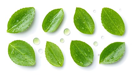 Eight vibrant green leaves, glistening with water droplets, arranged on a white background