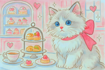 ラグドール子猫がかわいいピンクリボンつけてプリンセス風アフタヌーンティーを楽しむ手描き風イラスト水彩画