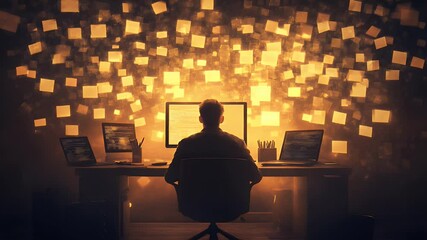 Person working at desk with glowing sticky notes