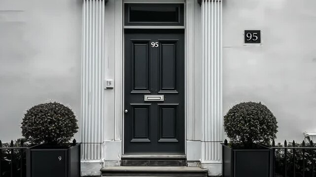 Elegant facade with ornate black doors and symmetrical design in urban setting