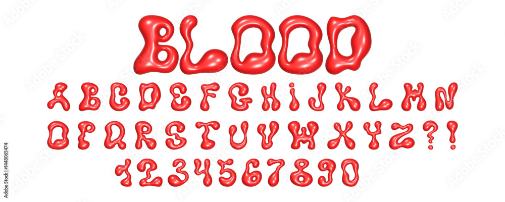 Poster unique 3d liquid font featuring wavy letters and numbers with a glossy reflective texture, ideal for