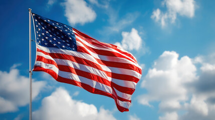 Obraz premium American Flag Waving in Blue Sky Patriotic Image