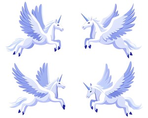 Obraz premium Four majestic winged unicorns in flight, depicted in various poses against a white background