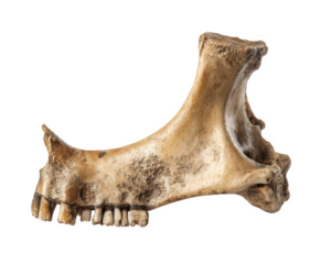 Weathered human bone showcasing intricate texture and details, isolated against transparency background. This unique specimen highlights natural aging process and historical significance