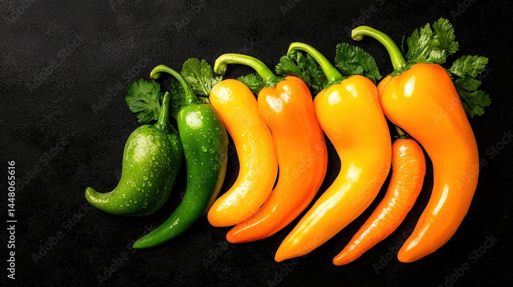 Poster a colorful array of fresh peppers displayed together highlighting their varied shapes and colors