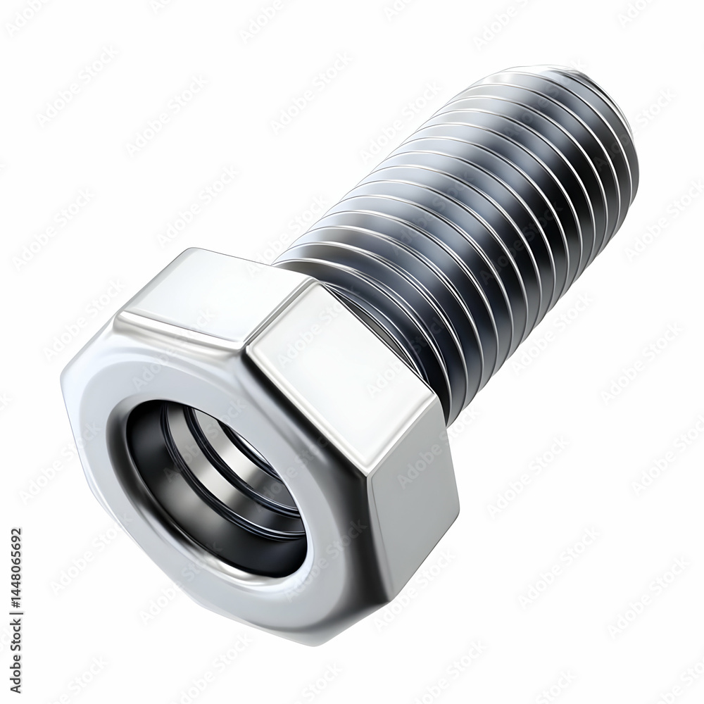 Poster a close-up view of a metallic bolt showcasing its intricate threading and smooth surface, ideal for 