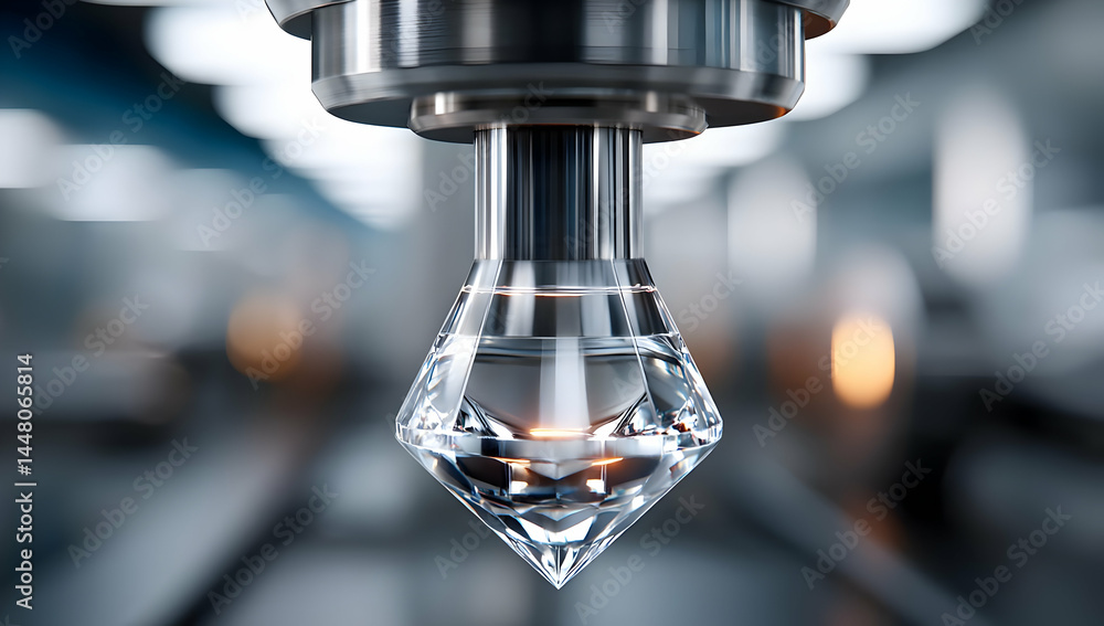 Poster a close-up view of a precision cutting tool positioned above a faceted crystal. the tool showcases i