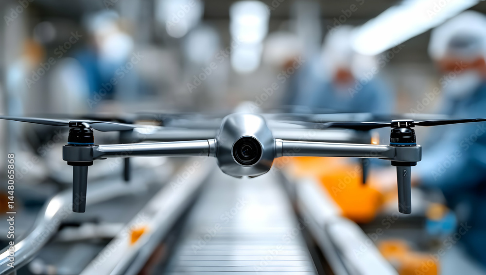 Poster a close-up view of a modern drone on a production line, with blurred background workers emphasizing 