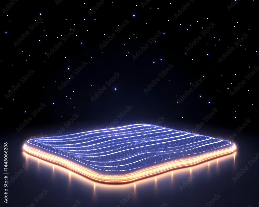 Poster glowing square platform with wavy light patterns, floating in dark space, illuminated by warm light