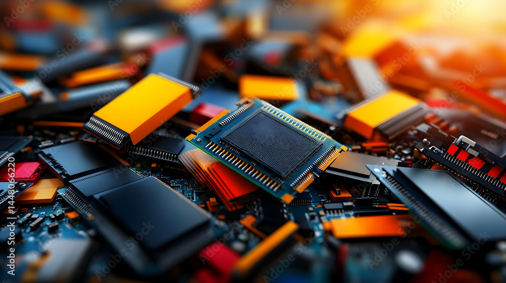Poster a close-up view of intricate electronic components, showcasing vibrant colors and textures. ideal fo