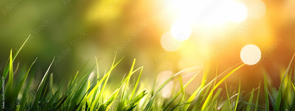 Poster a close-up view of lush green grass illuminated by warm sunlight, creating a serene and tranquil atm