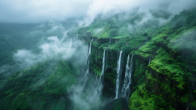Lush green mountain valley during monsoon dark storm clouds above waterfalls pouring down cliffs